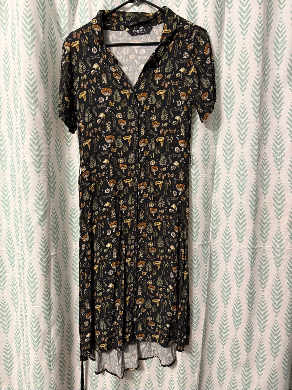 Disturbia Black Midi Dress with Mushroom & Botanical Print